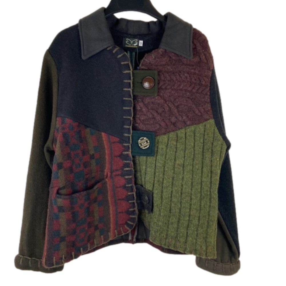 Mixed Patchwork Repurposed Wool Sweater Jacket Handmade by Baabaazuzu - Picture 2 of 16